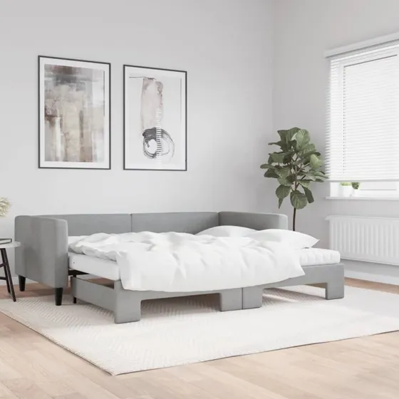 Daybed med udtræk 90x200 cm - lysegrå stof, inkl. madras