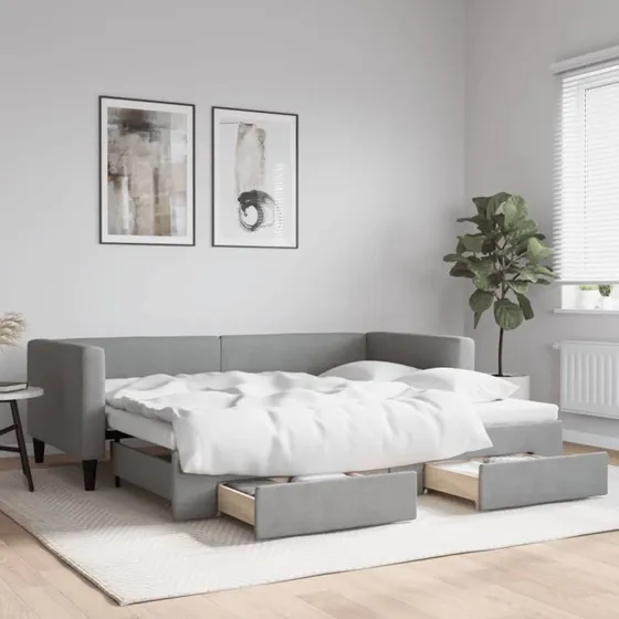Daybed med udtrk & skuffer 90x200 stof lysegr