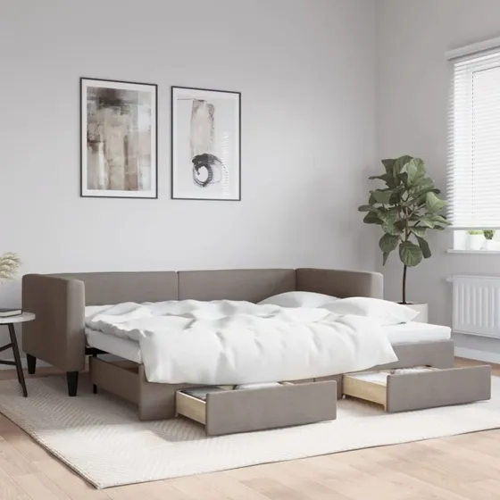 Daybed med udtrk & skuffer 90x200 cm, grbrun stof