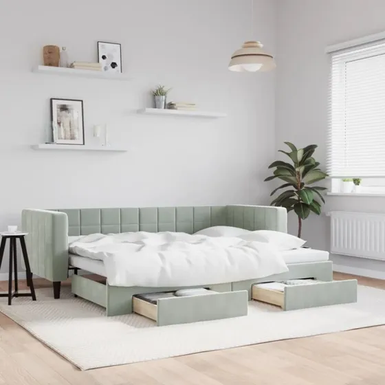 Daybed med udtrk & skuffer 80x200 cm velour lysegr
