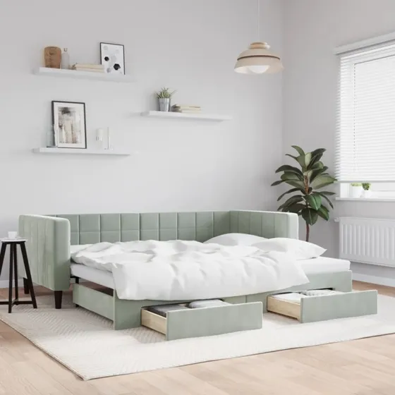 Daybed med udtræk & skuffer 90x200 cm - velour lysegrå