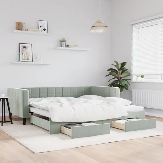 Daybed med udtrk og skuffer 100x200 cm, velour lysegr