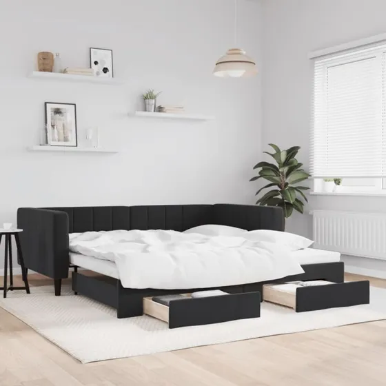 Daybed med udtræk og skuffer 90x190 cm velour - Sort
