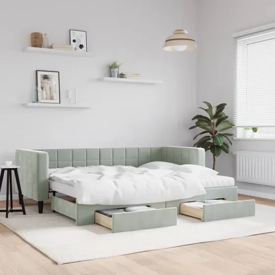 Daybed med udtrk & skuffer 80x200 cm - Lysegr velour