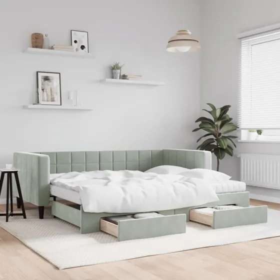 Daybed med udtrk og skuffer 90x200 - Velour lysegr