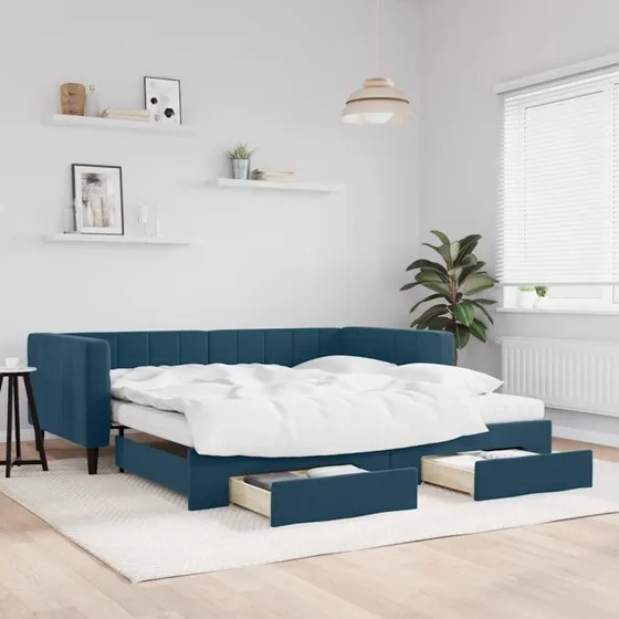 Daybed 2-i-1 med udtræk & skuffer 100x200 cm - Blå velour