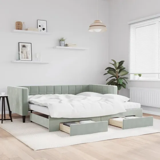 Daybed med udtræk og skuffer 100x200 cm – velour lysegrå