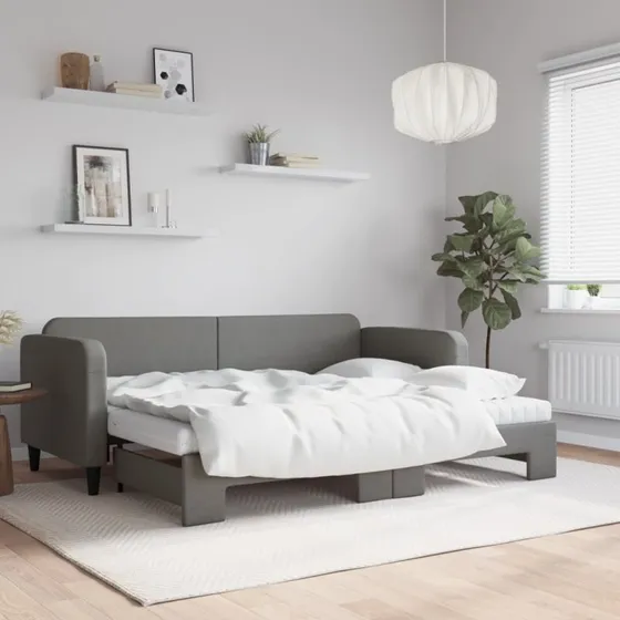 Daybed med udtrk & madras 80x200 cm mrkegr stof
