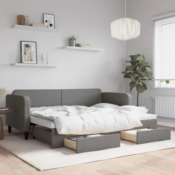Daybed med udtrk & skuffer 80x200 cm mrkegr stof