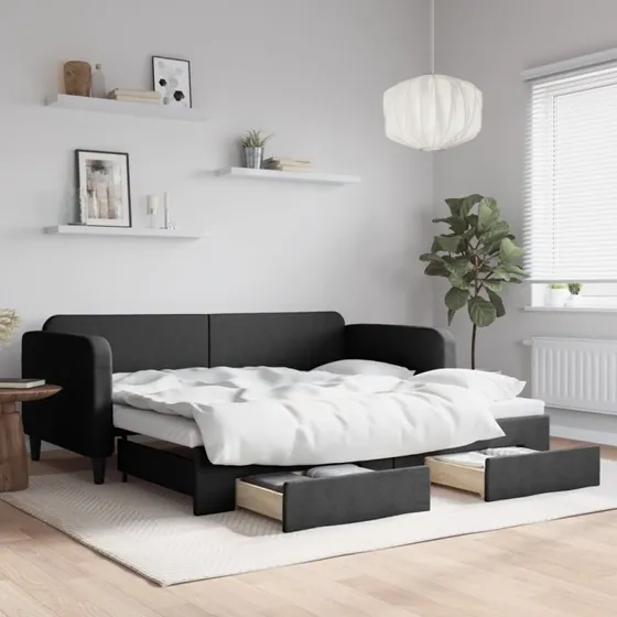 Daybed med udtrk & skuffer 80x200 cm - sort stof