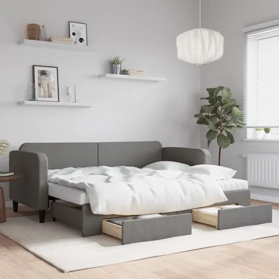 Daybed med udtrk & skuffer 80x200 cm - Mrkegr stof