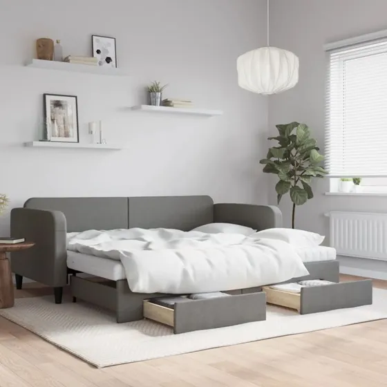 Daybed med udtrk & skuffer 90x200 cm - Mrkegr stof