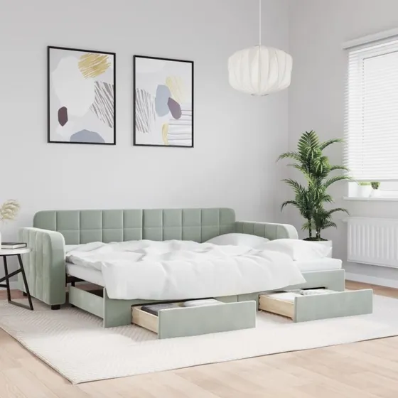 Daybed med udtrk og skuffer 80x200 cm - lysegr velour