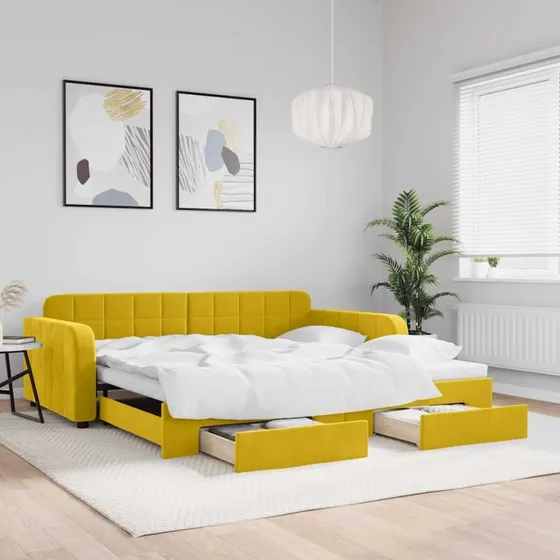 Daybed med udtrk & skuffer 100x200 cm  gul velour