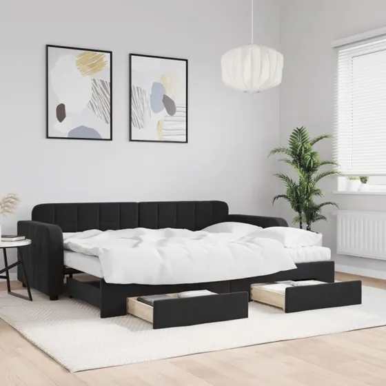 Daybed med udtrk og skuffer 80x200 cm - Sort velour