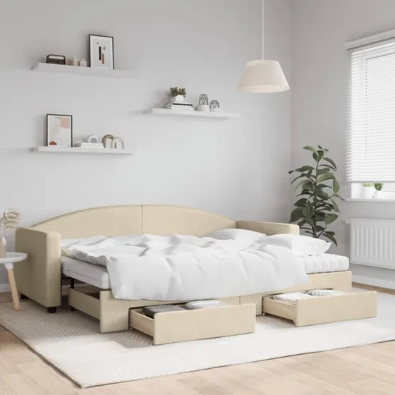 Daybed med udtrk & skuffer 80x200 cm  creme stof
