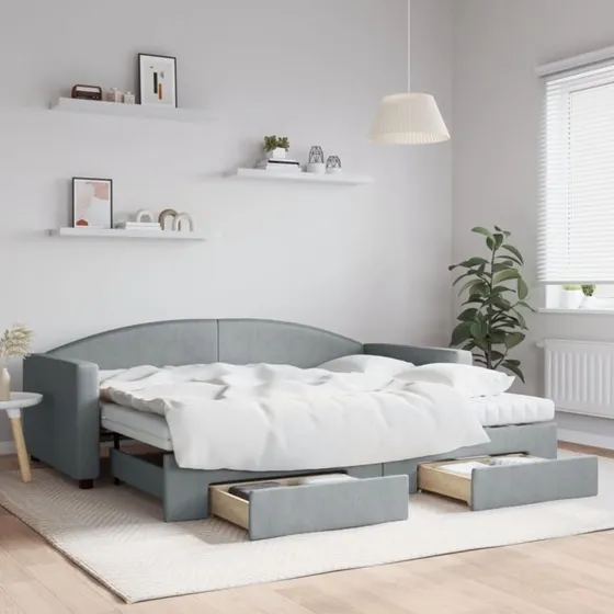 Daybed 90x200 cm med udtrk & skuffer, lysegr stof