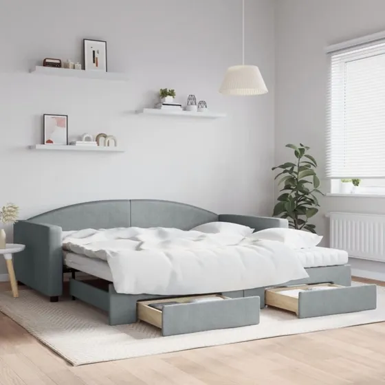 Daybed med udtrk & skuffer 100x200 - Lysegr stof