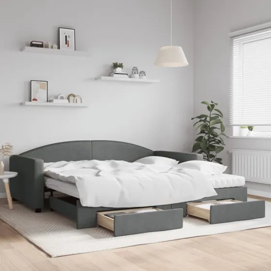 Daybed med udtrk og skuffer 100x200 cm - mrkegr stof