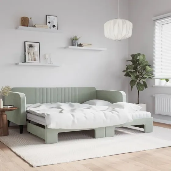 Daybed med udtræk 100x200 cm – velour lysegrå