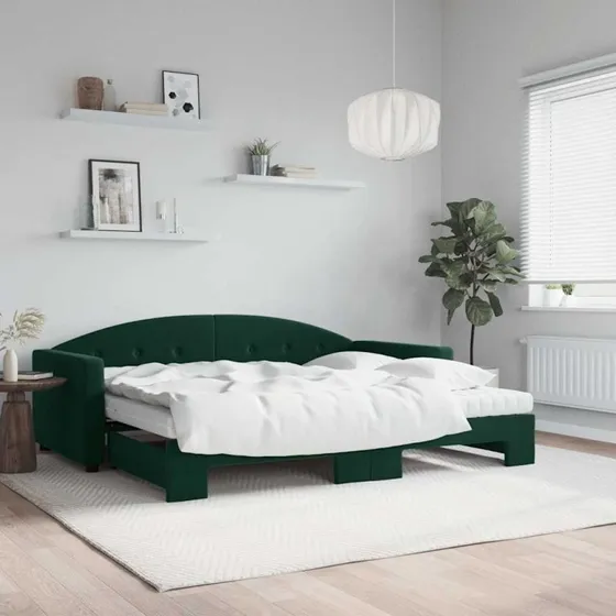 Daybed med udtrk & madras 90x200 velour mrkegrn