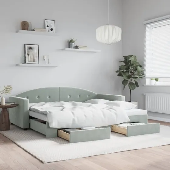 Daybed med udtrk & skuffer 90x200 cm velour lysegr