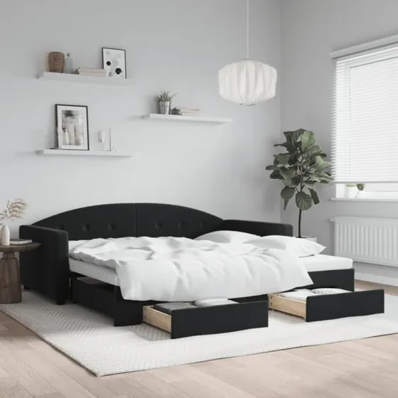 Daybed med udtrk og opbevaring 100x200 cm - sort velour