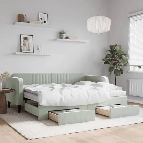 Daybed 2-i-1 med udtrk & skuffer 90x200 velour lysegr