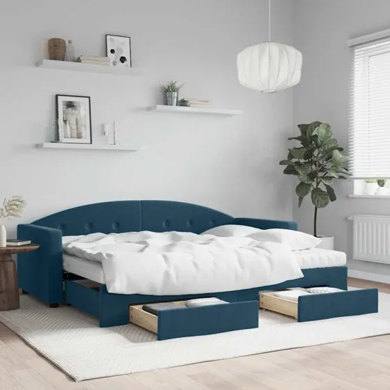 Daybed med udtrk & skuffer 80x200 cm, bl stof