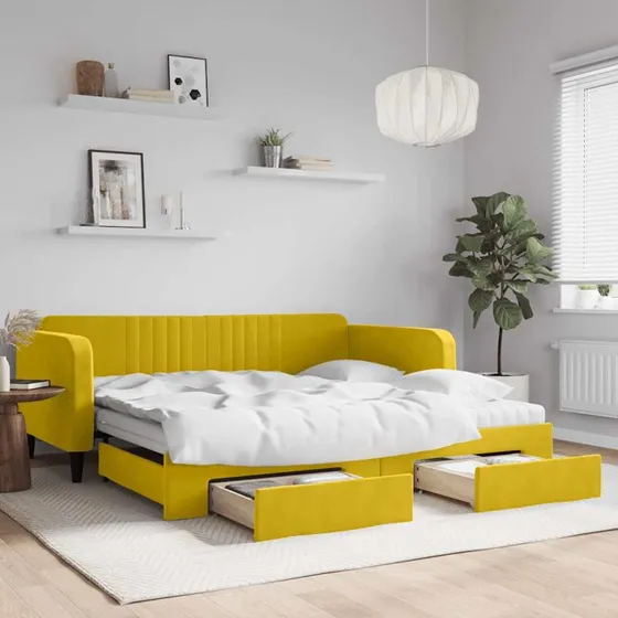 Daybed med udtrk og skuffer 100x200 cm - gul velour
