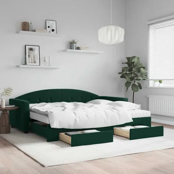 Daybed 2-i-1 med udtrk & skuffer 90x200 velour mrkegrn