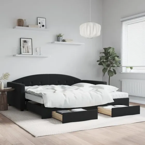 Daybed med udtrk og skuffer 100x200 cm - Sort velour