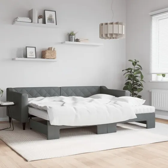 Daybed med udtrk og madras 90x200 cm - mrkegr stof