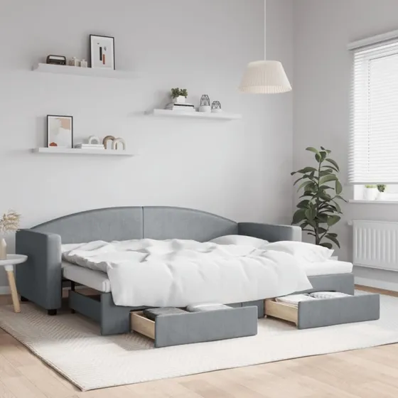 Daybed med udtrk & skuffer 80x200 cm - lysegr stof