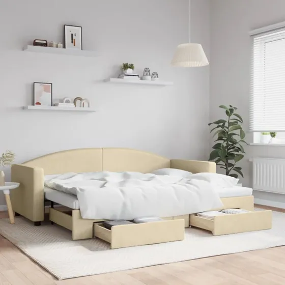 Daybed med udtrk & skuffer 80x200 cm - creme stof