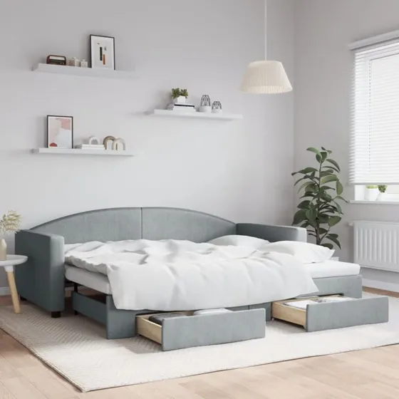 Daybed med udtrk & skuffer 90x200 stof lysegr