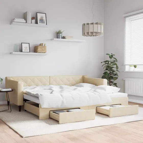 Daybed med udtrk & skuffer 90x200 cm  creme stof