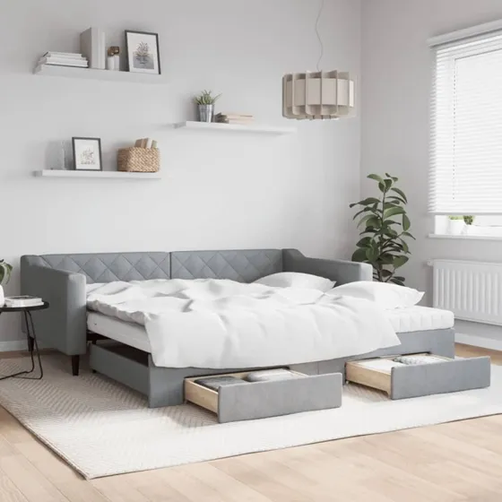 Daybed med udtrk & skuffer 100x200 cm - Lysegr