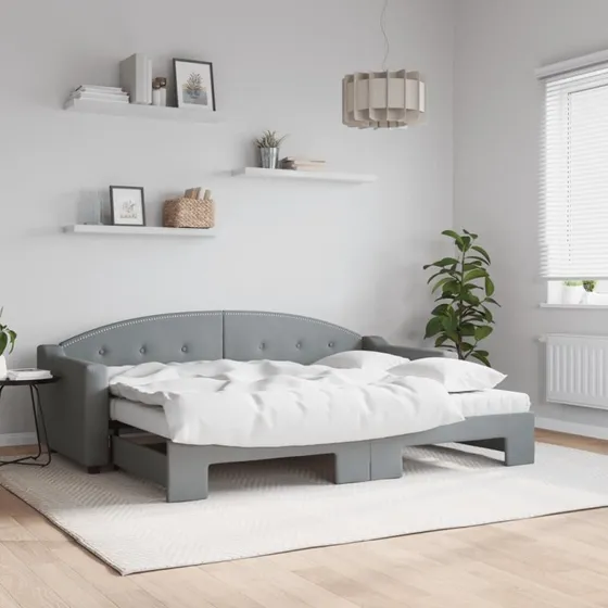 Daybed med udtrk 80x200 cm stof lysegr inkl. madras