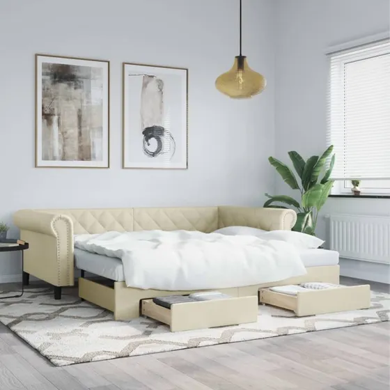 Daybed 90x200 med udtræk og skuffer i creme kunstlæder