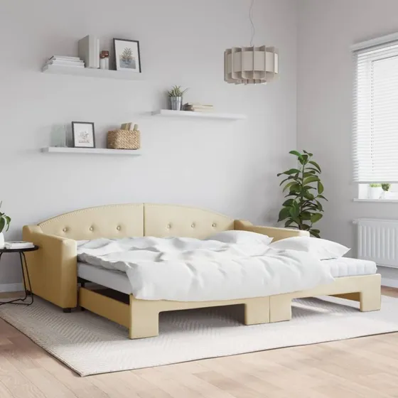 Daybed med udtrk 100x200 cm  creme, inkl. madras