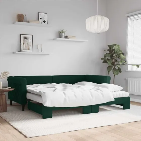 Daybed med udtræk og madras 90x200 cm velour mørkegrøn