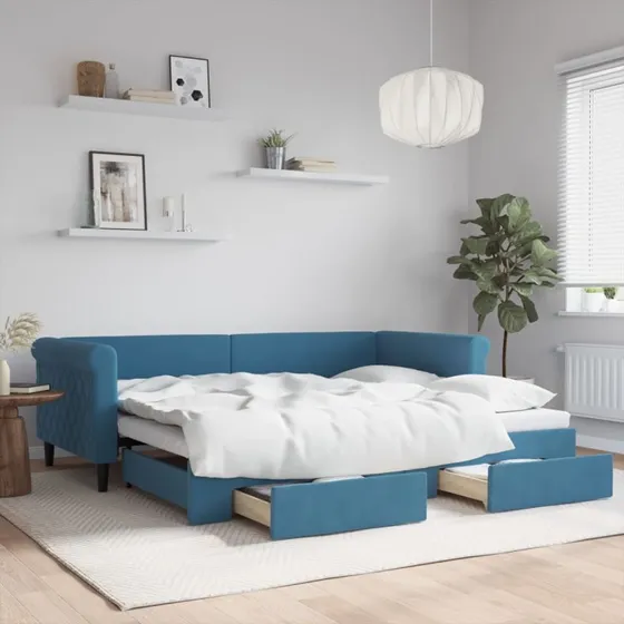 Daybed med udtrk & skuffer 90x200 velour bl