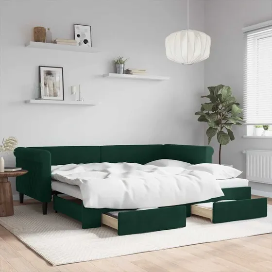 Daybed med udtræk & skuffer 90x200 cm velour mørkegrøn