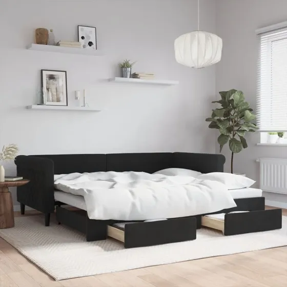 Daybed med udtrk og skuffer 90x200 cm - Sort velour