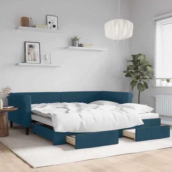 Daybed 2-i-1 med udtrk og skuffer 100x200 velour bl