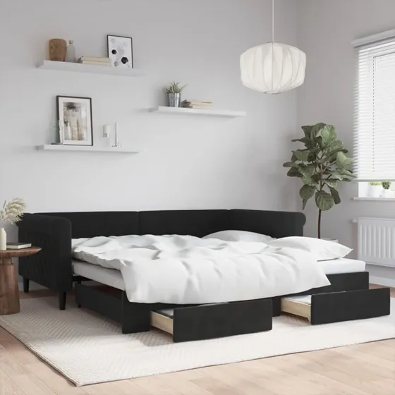 Daybed 100x200 med udtrk og skuffer  sort velour