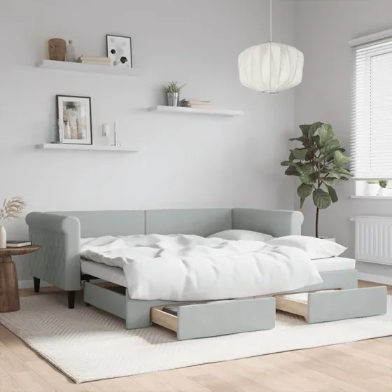 Daybed med udtrk og skuffer 90x190 cm - Lysegr velour