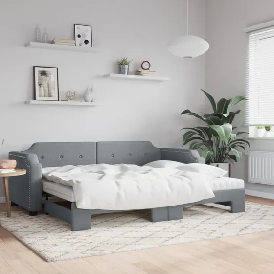 Daybed med udtrk og madras 90x200 - lysegr stof