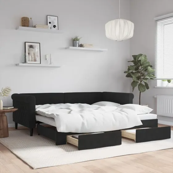 Daybed 2-i-1 med udtrk og skuffer 90x190 cm - Sort velour
